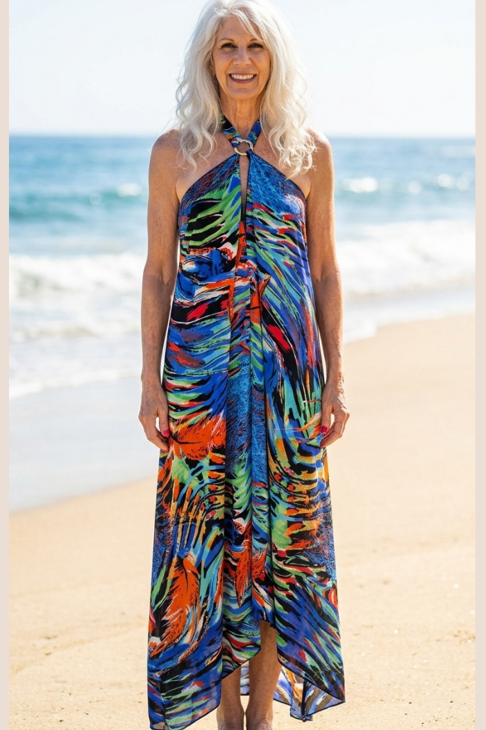 Sheer Halter Style CoverUp/-Dress in Orange Abstract Print