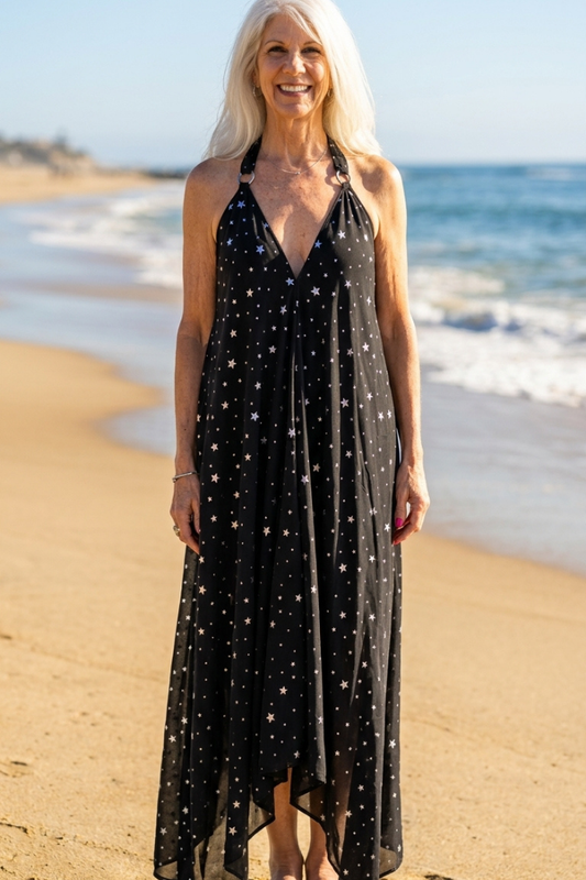 Sheer Halter Style CoverUp-Dress in a Silver Stars on Black Print