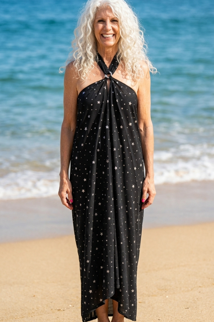 Sheer Halter Style CoverUp-Dress in a Silver Stars on Black Print