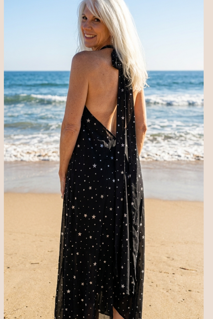 Sheer Halter Style CoverUp-Dress in a Silver Stars on Black Print