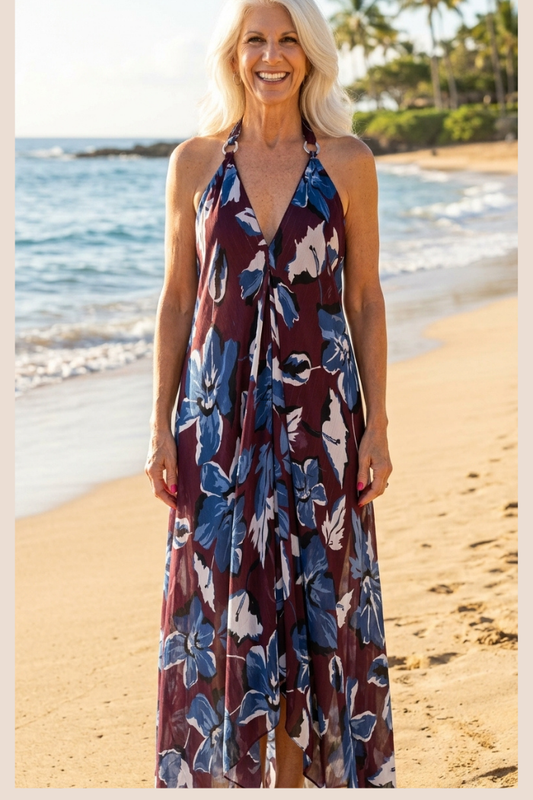 Sheer Halter Style CoverUp-Dress in Brown-Blue Floral Print