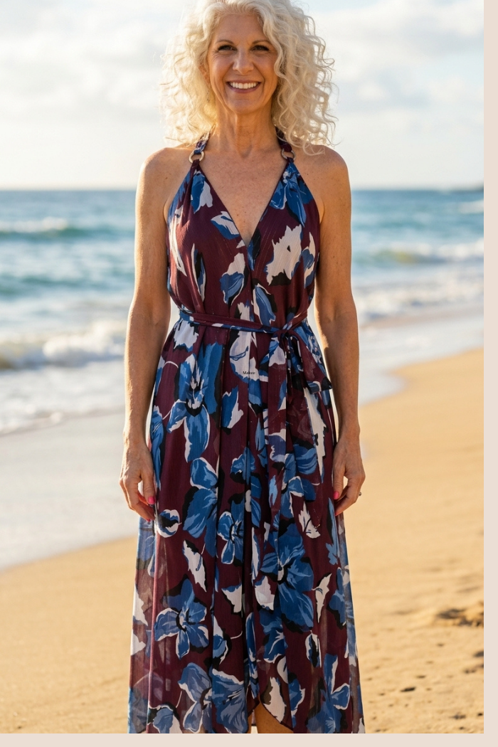Sheer Halter Style CoverUp-Dress in Brown-Blue Floral Print