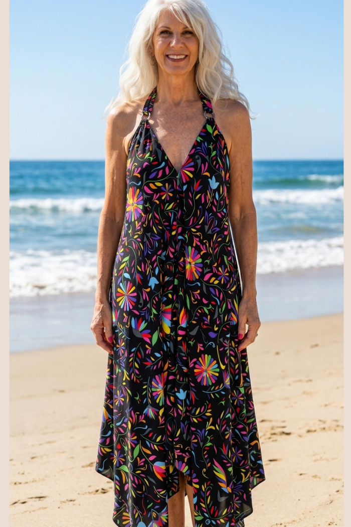 Sheer Halter Style CoverUp-Dress in Pink Multi Color Floral