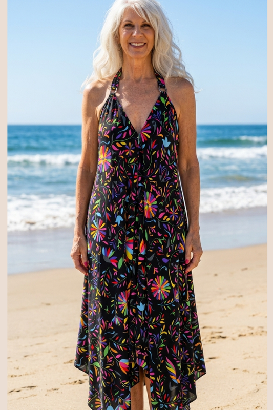 Sheer Halter Style CoverUp-Dress in Pink Multi Color Floral