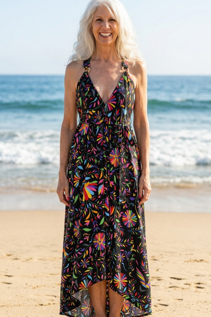 Sheer Halter Style CoverUp-Dress in Pink Multi Color Floral