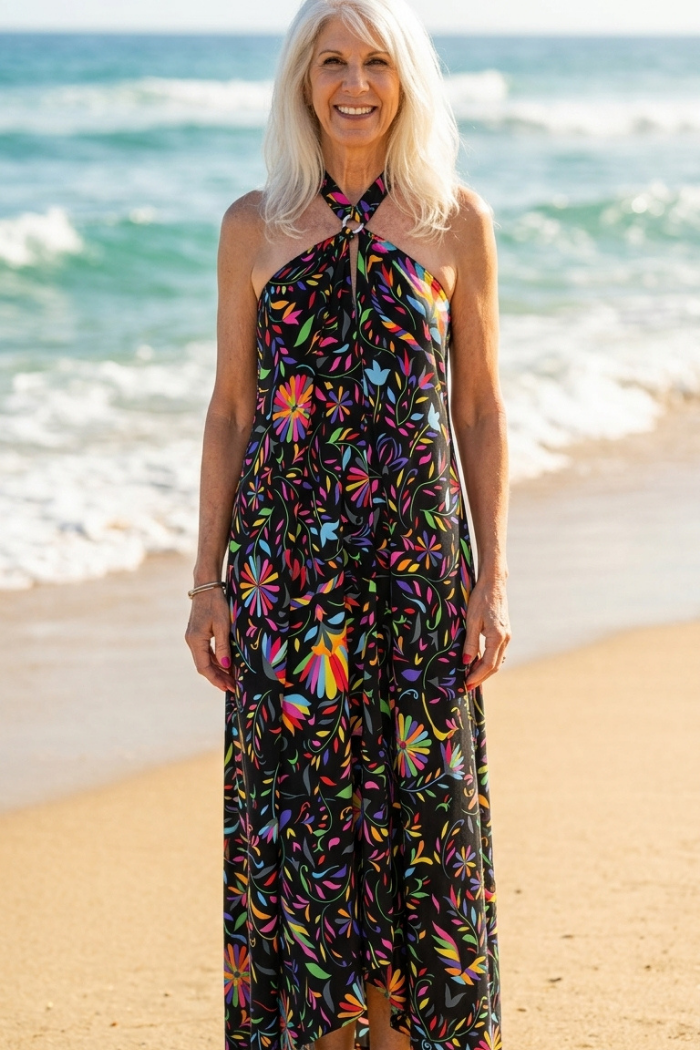 Sheer Halter Style CoverUp-Dress in Pink Multi Color Floral