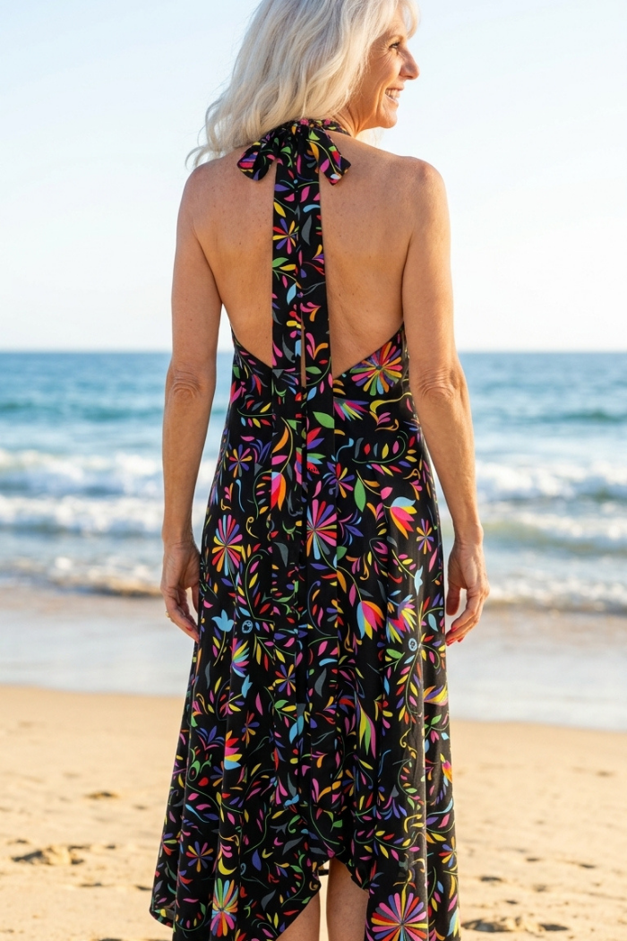 Sheer Halter Style CoverUp-Dress in Pink Multi Color Floral
