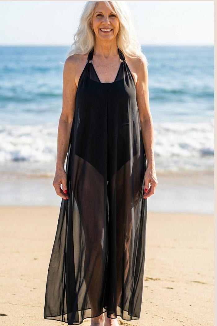 Sheer Halter Style CoverUp-Dress in Solid Black