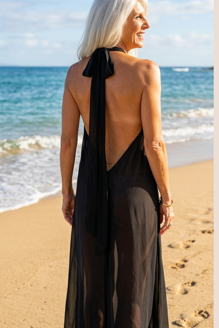 Sheer Halter Style CoverUp-Dress in Solid Black