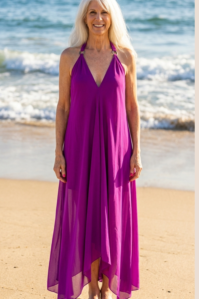 Sheer Halter Style CoverUp Dress in Solid Purple
