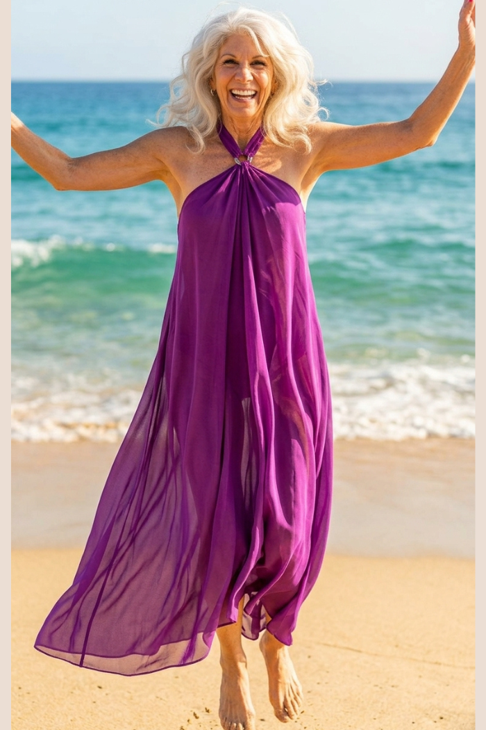 Sheer Halter Style CoverUp Dress in Solid Purple