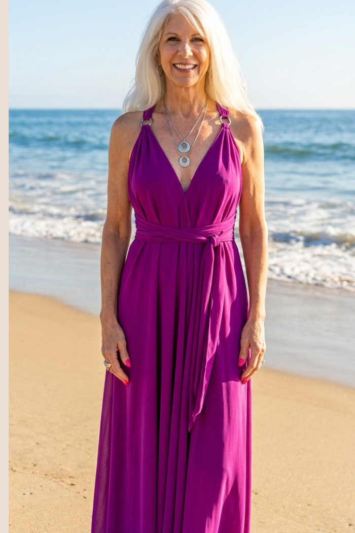 Sheer Halter Style CoverUp Dress in Solid Purple