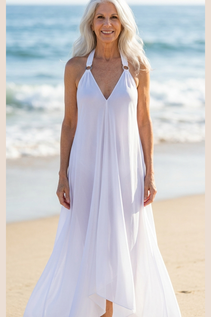 Sheer Halter Style CoverUp-Dress in Solid White