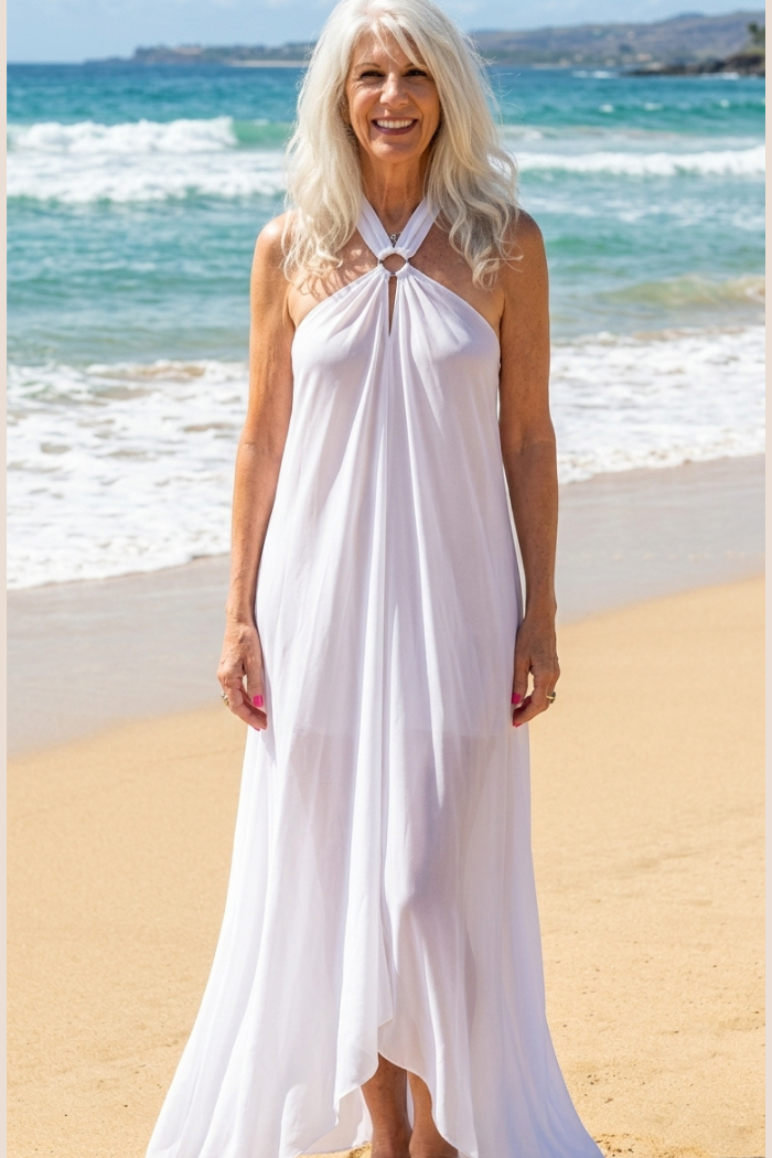 Sheer Halter Style CoverUp-Dress in Solid White
