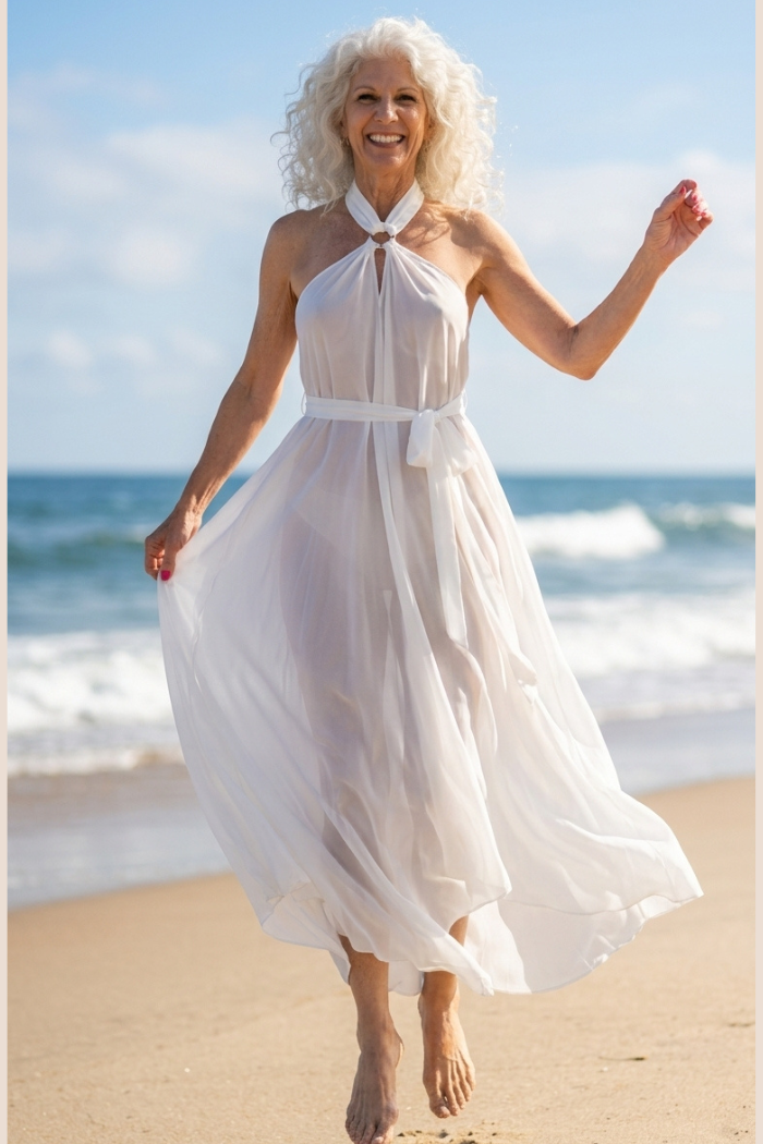 Sheer Halter Style CoverUp-Dress in Solid White