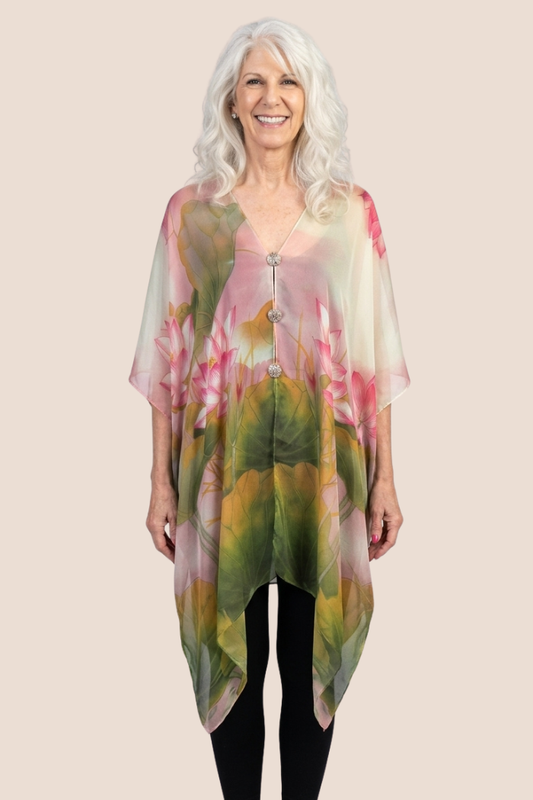 Silky Sheer 6-Button Poncho - Lotus Print-in Green-Pink