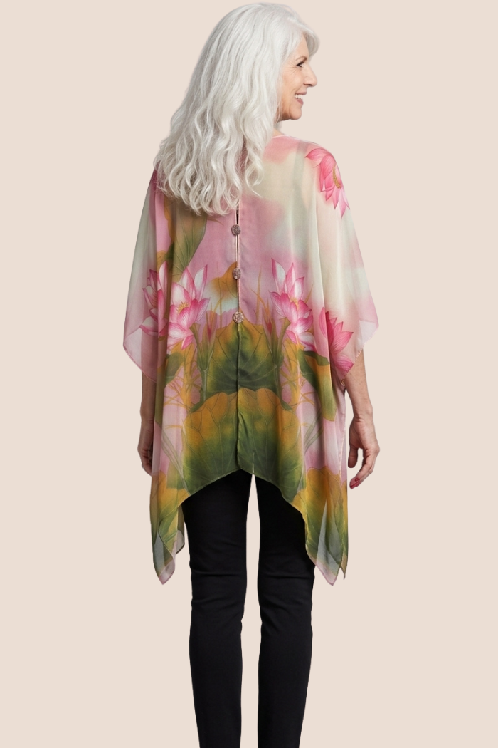 Silky Sheer 6-Button Poncho - Lotus Print-in Green-Pink
