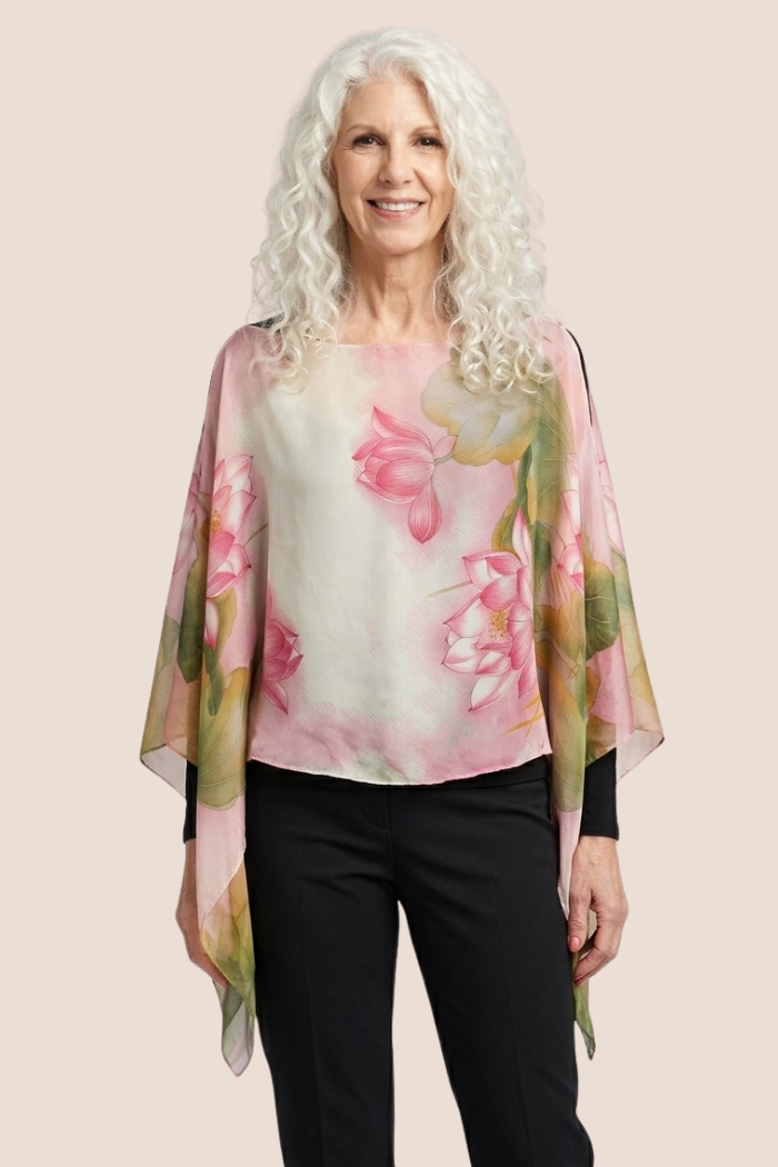 Silky Sheer 6-Button Poncho - Lotus Print-in Green-Pink