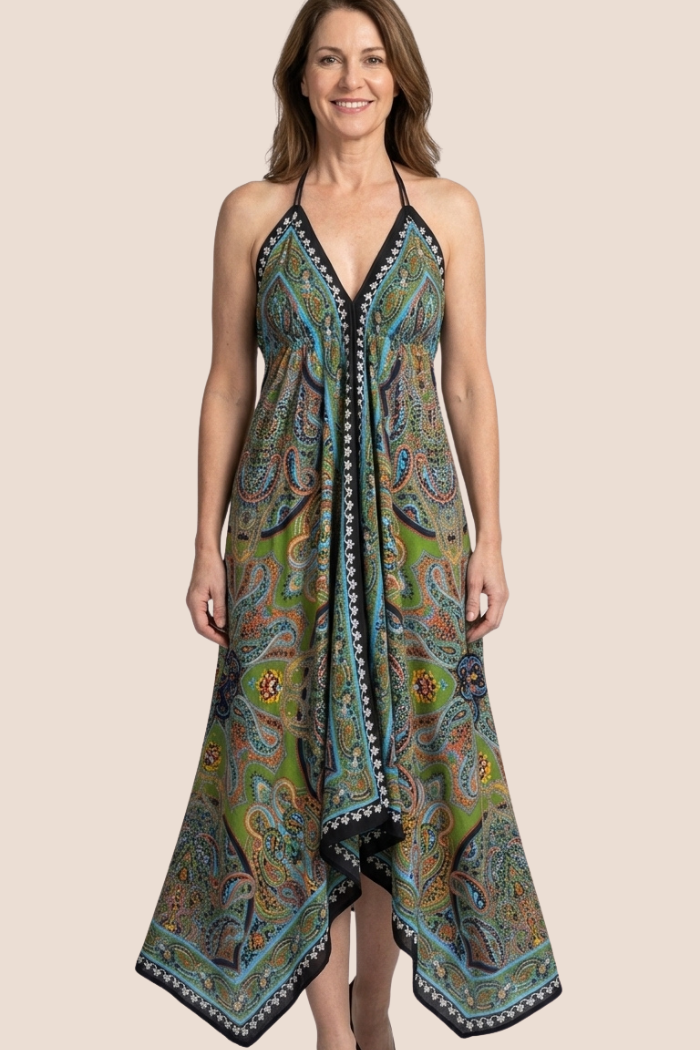 Scarf Halter Dress in Green Paisley