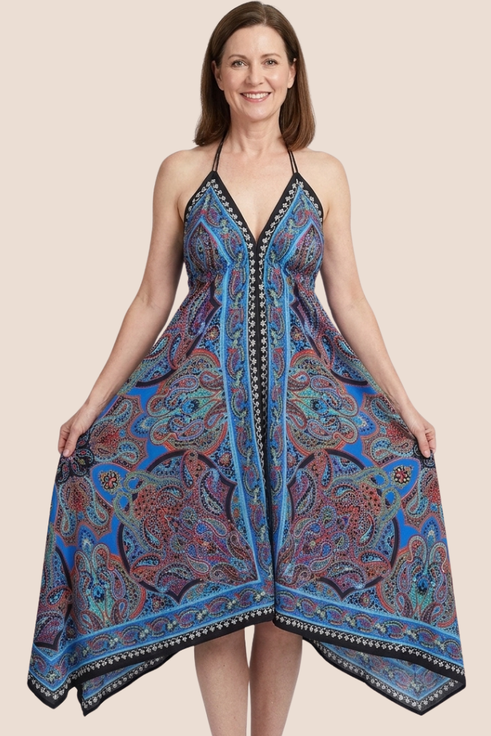 Scarf Halter Dress in Blue Paisley