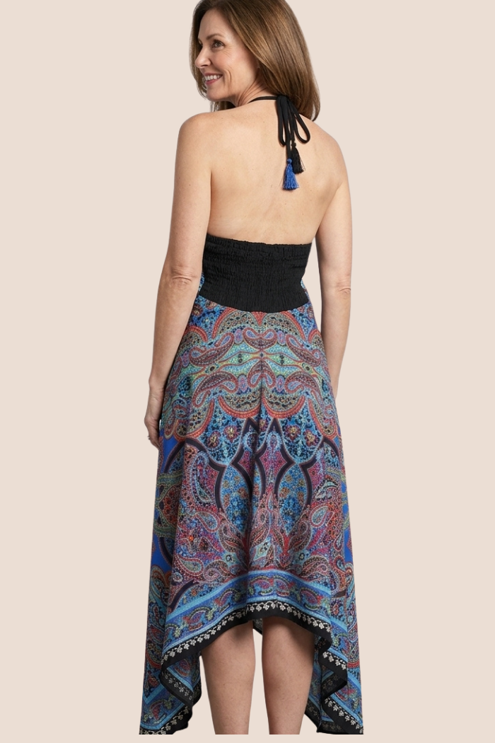 Scarf Halter Dress in Blue Paisley