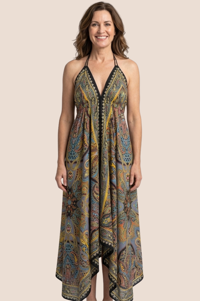 Scarf Halter Dress in Mustard Paisley
