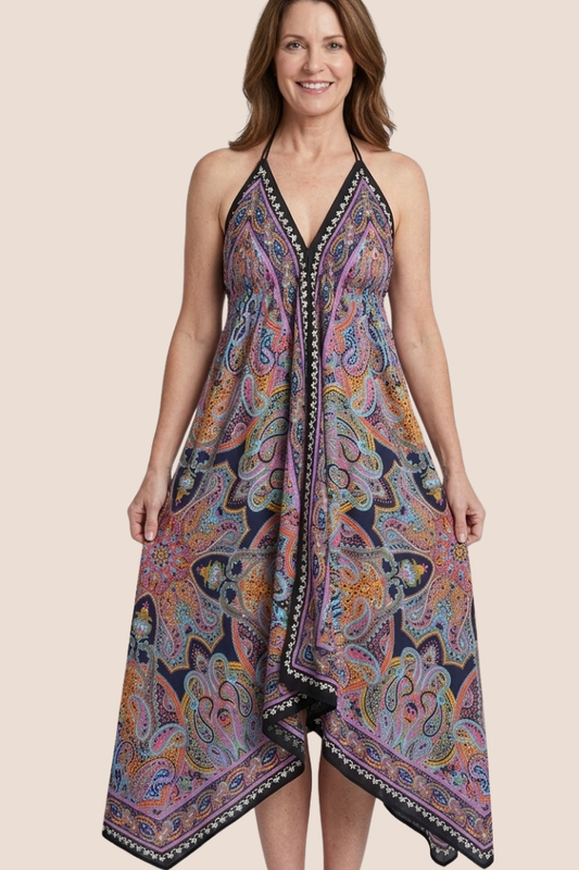 Scarf Halter Dress in Purple Paisley