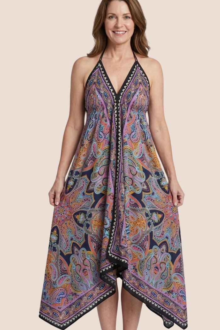 Scarf Halter Dress in Purple Paisley