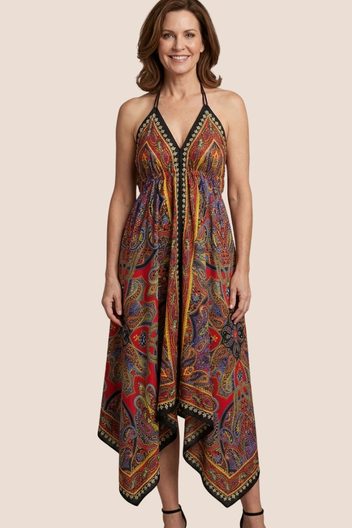 Scarf Halter Dress in Red Paisley