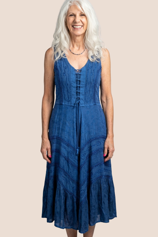 Corset Style Bodice Fit & Flare Midi Dress in Denim Blue