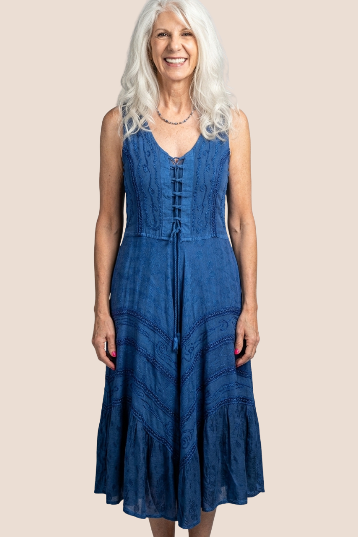 Corset Style Bodice Fit & Flare Midi Dress in Denim Blue