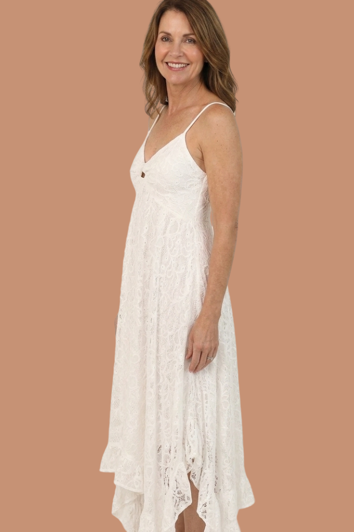 White Lace Hanky Hem Maxi Dress