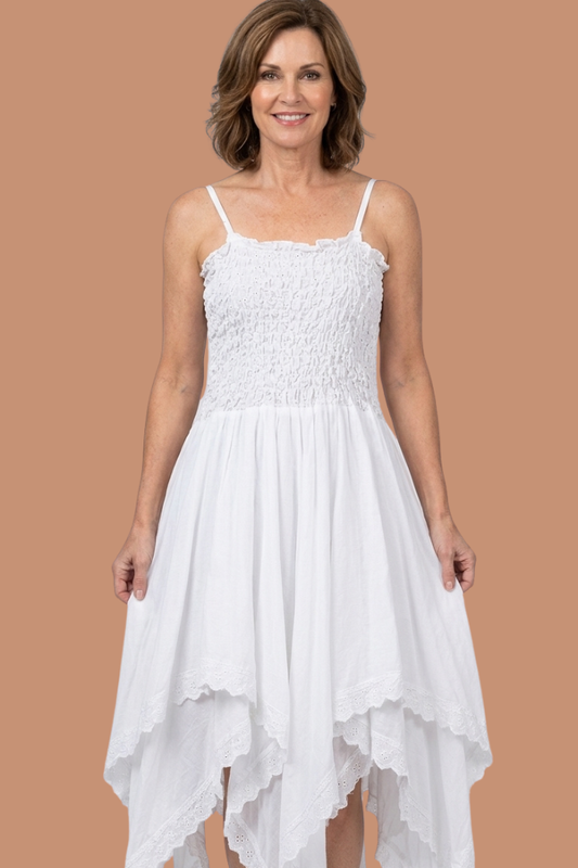 Shirred Bodice Handkerchief Dress in White