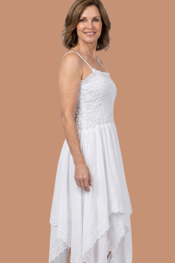 White Layered Handkerchief Midi Dress