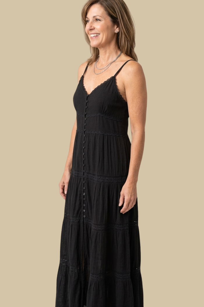 Button Front Spaghetti Strap Maxi Dress in Black