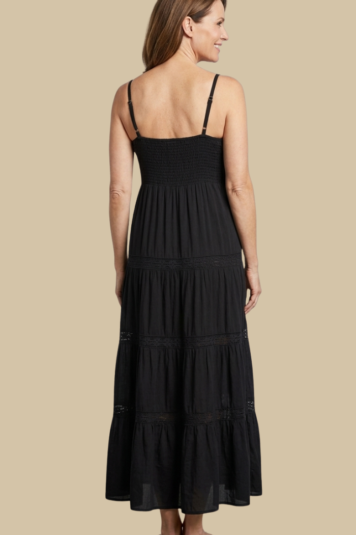 Button Front Spaghetti Strap Maxi Dress in Black