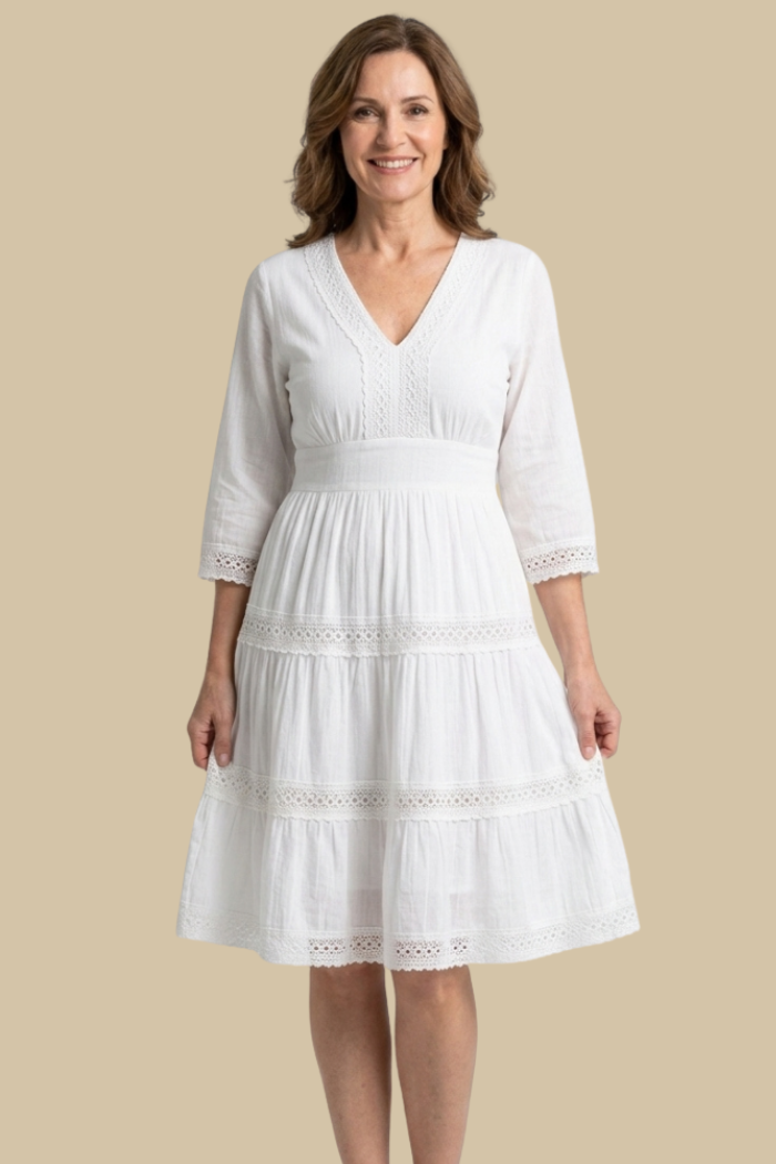 White V-Neck Dress with Crochet Trim and 3/4 Sleeve
