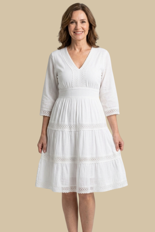 White V-Neck Dress with Crochet Trim and 3/4 Sleeve