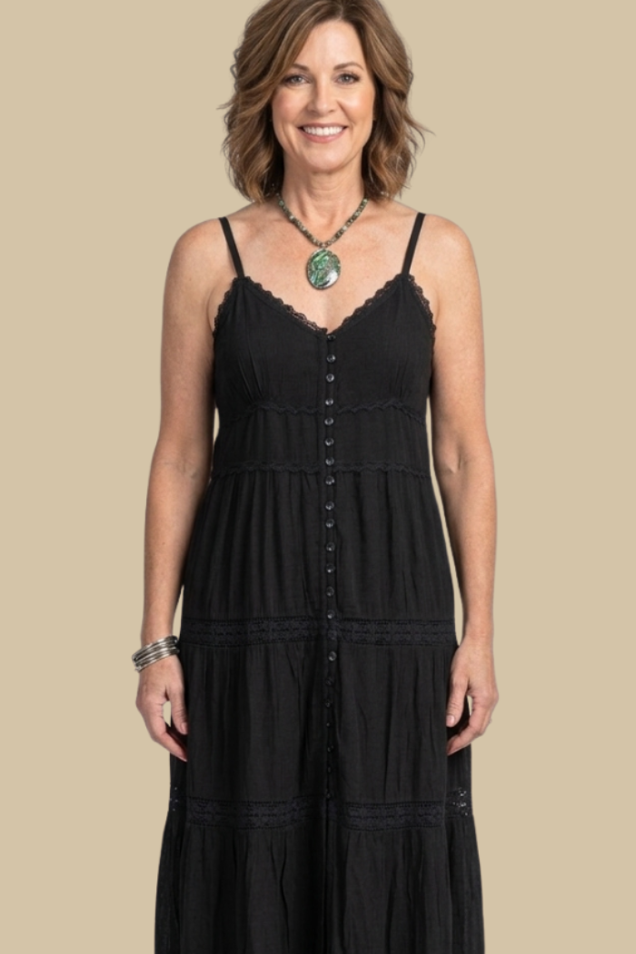 Button Front Spaghetti Strap Maxi Dress in Black