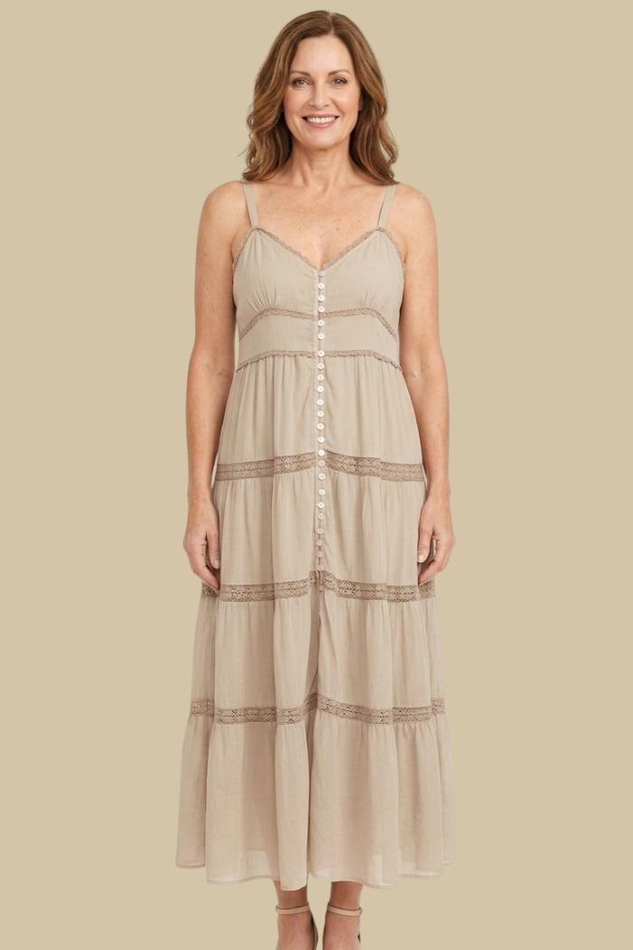 Button Front Spaghetti Strap Maxi Dress in Sand
