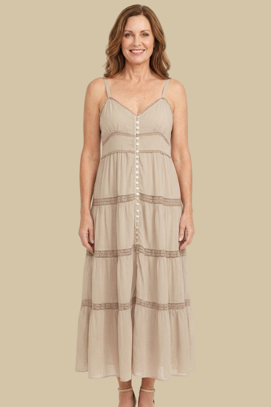 Button Front Spaghetti Strap Maxi Dress in Sand