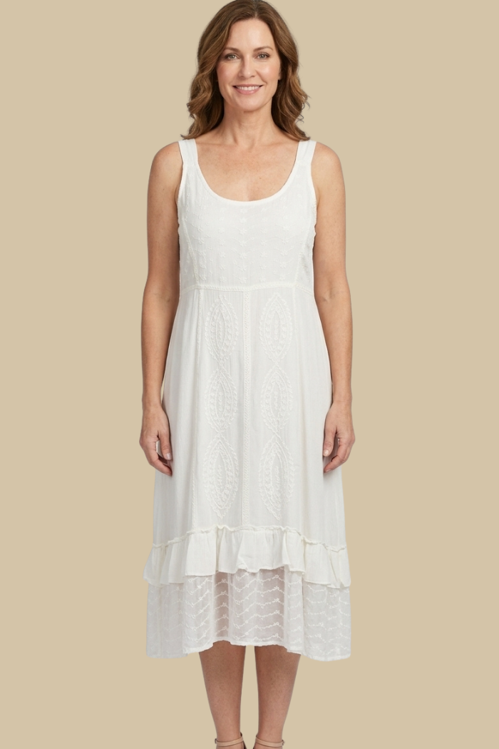 Natural Sandwash Embroidered Sleeveless Midi Dress