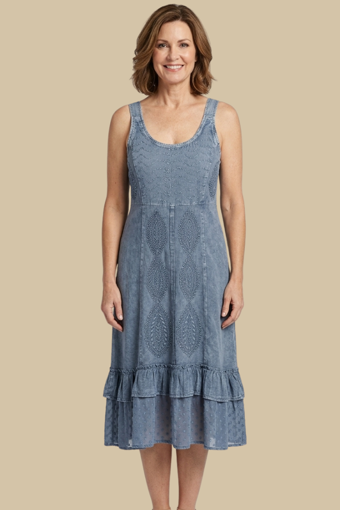 Blue Sandwash Embroidered Sleeveless Midi Dress