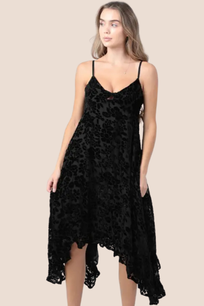 Burnout Velvet Twist Front Hanky Hem Midi Dress