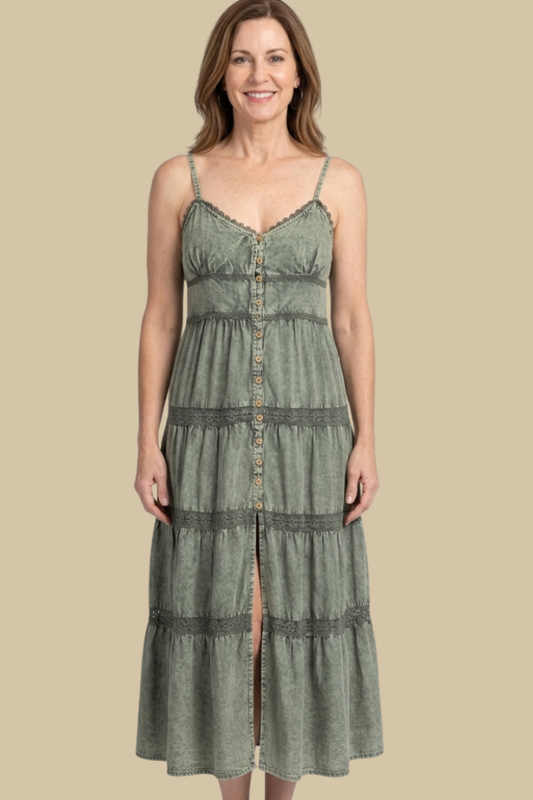 Button Front Maxi Dress in Green