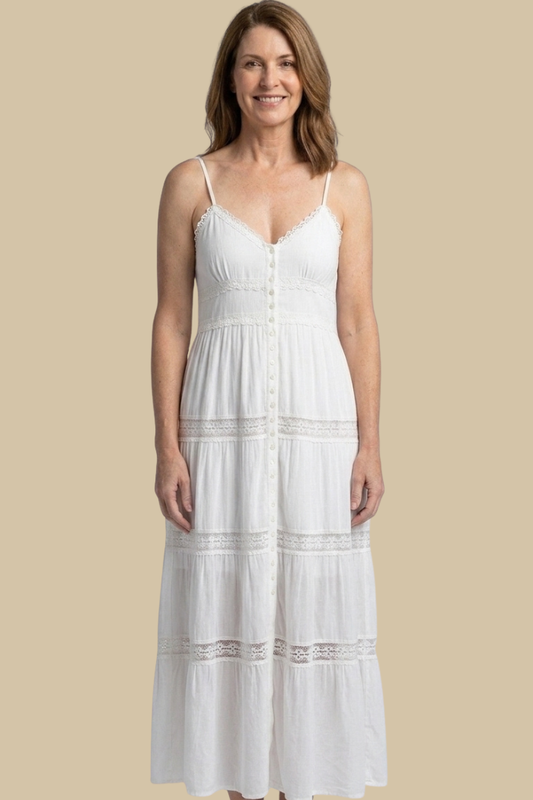 Button Front Spaghetti Strap Maxi Dress in White