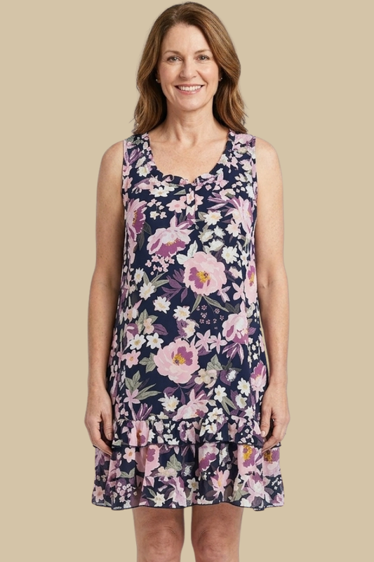 Ruffle Trimmed Sleeveless Dress - Purple Floral on Navy