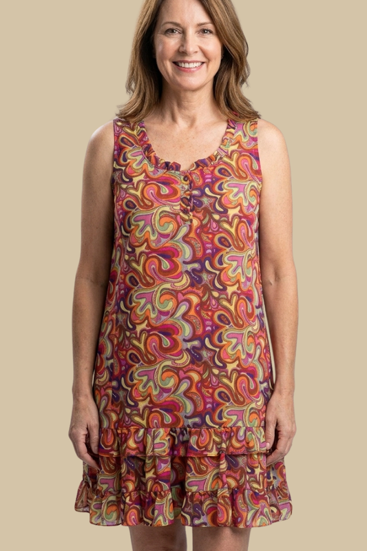 Ruffle Trimmed Sleeveless Dress - Rust Print