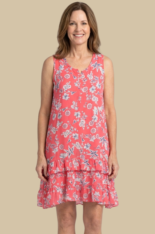 Ruffle Trimmed Sleeveless Dress - Coral Lily Print