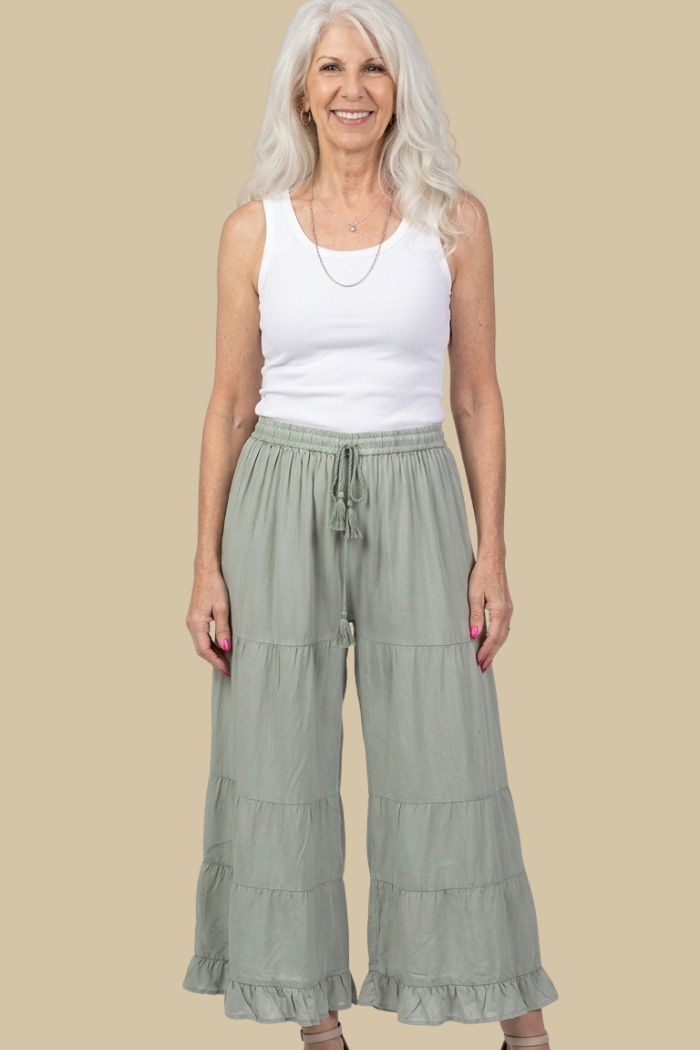 Rayon Tiered Pant in Sage Stone Wash